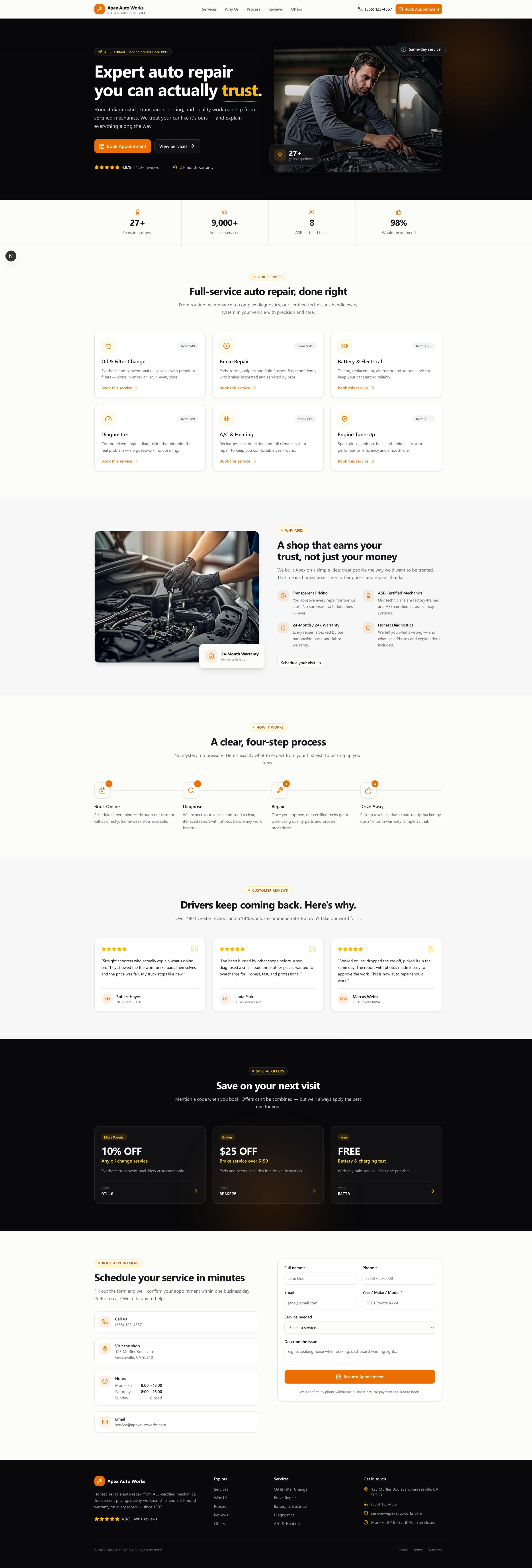 Apex Auto Works website after the redesign — clean dark layout with amber accents, a real workshop photo and online booking
