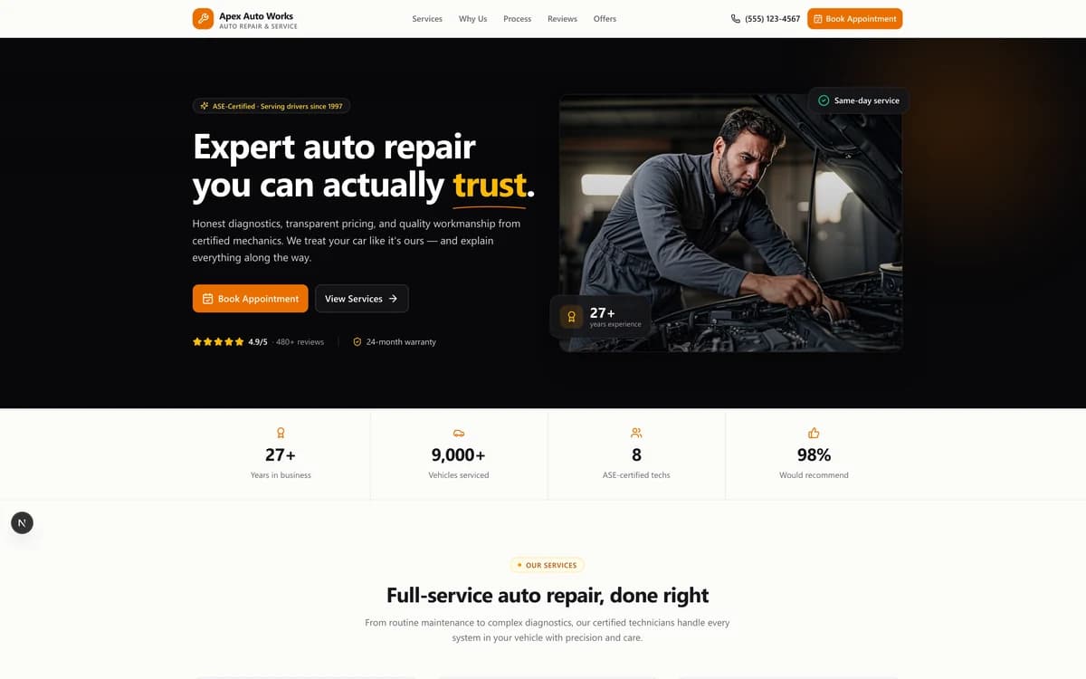 Apex Auto Works redesigned website hero