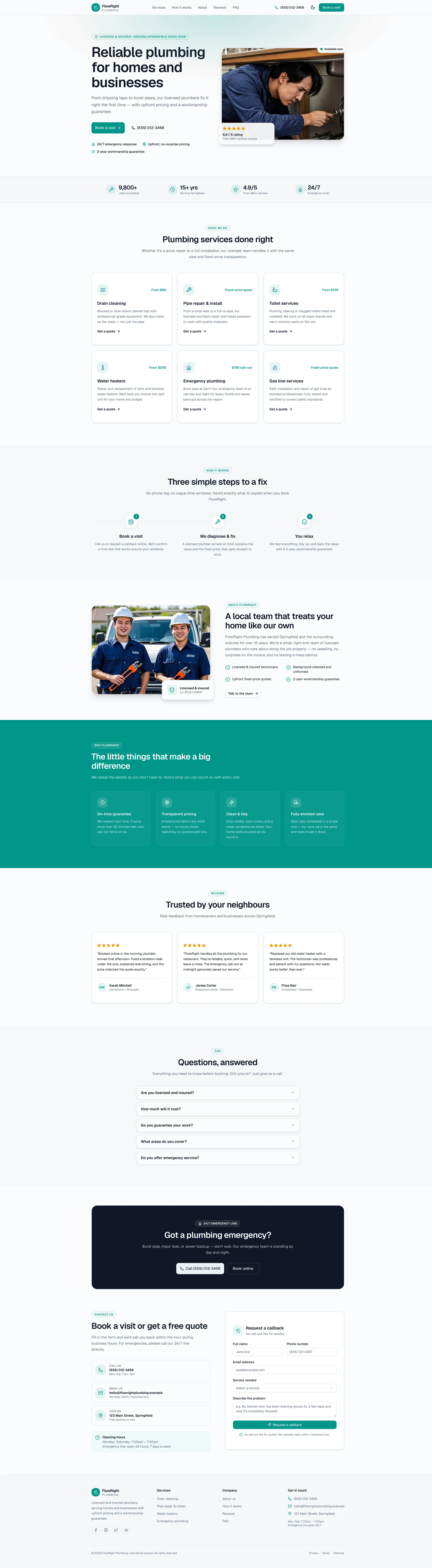 FlowRight Plumbing website after the redesign — clean teal design with a real job photo, fixed-price quotes and a booking flow