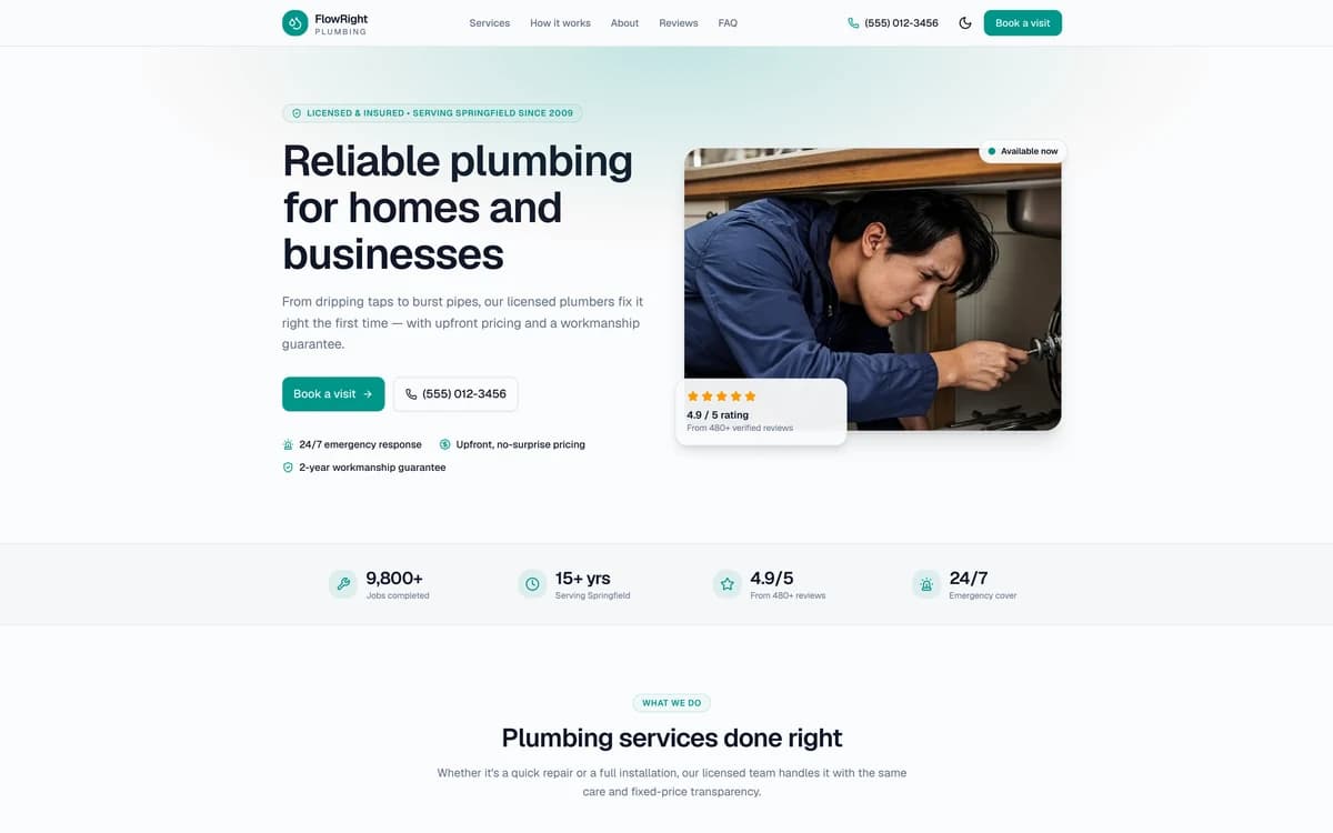 FlowRight Plumbing redesigned website hero