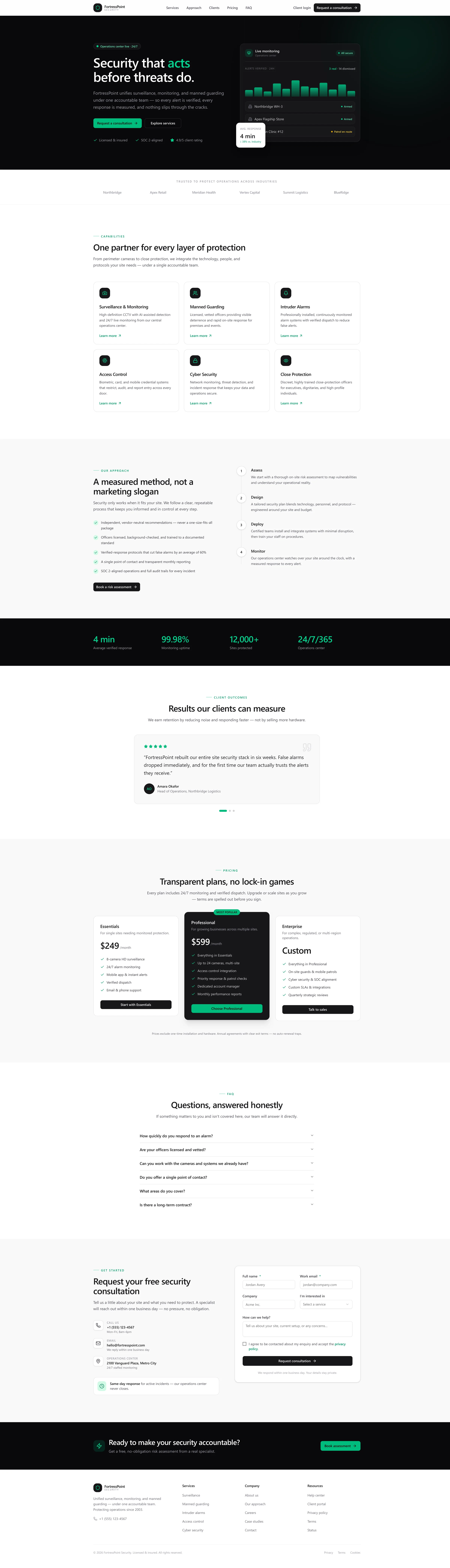 FortressPoint Security website after the redesign — clean near-black and emerald layout with a live monitoring widget